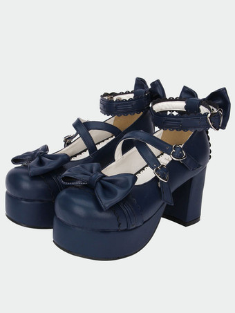 ロリータシューズ ロリータ分厚いポニーかかと靴プラットフォーム足首ストラップ弓ハート形バックル ネイビー ブルー