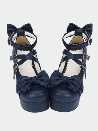 Lolitashow Lolita azul marino Pony gruesos tacones zapatos plataforma tobillo correas arcos hebillas de forma de corazón