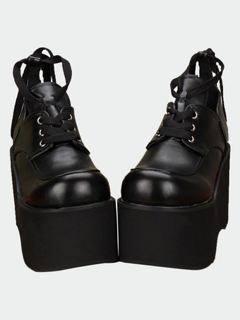 Lolitashow Gothic Matte Black Lolita High Platform Shoes Shoelace Up