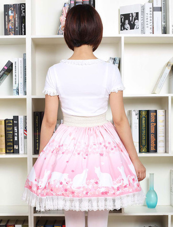 キュート ロリータ ドレス ピンク桜キティ プリント ロリータ スカート白のレース トリム シャーリング