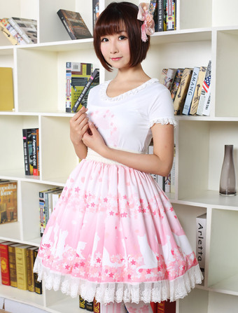 キュート ロリータ ドレス ピンク桜キティ プリント ロリータ スカート白のレース トリム シャーリング