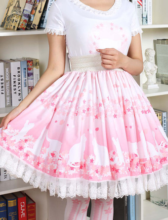 キュート ロリータ ドレス ピンク桜キティ プリント ロリータ スカート白のレース トリム シャーリング