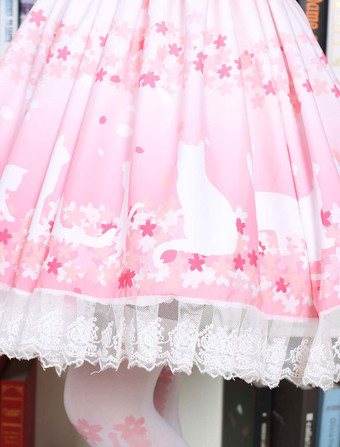 キュート ロリータ ドレス ピンク桜キティ プリント ロリータ スカート白のレース トリム シャーリング