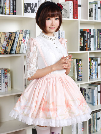 可愛いロリータドレス　2025　甘い　ピンク　フラワープリント　中華風のロリータレーストリムスカート　サスペンダー付き　アイドル衣装　