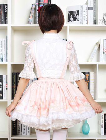 可愛いロリータドレス　2025　甘い　ピンク　フラワープリント　中華風のロリータレーストリムスカート　サスペンダー付き　アイドル衣装　