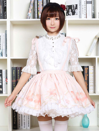 Lolitashow Sweet Lolita Dress Cute Pink Flower Printed  Qi Lolita Lace Trim Skirt With Suspender