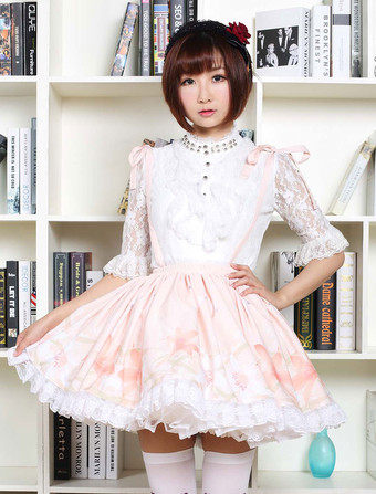 可愛いロリータドレス　2025　甘い　ピンク　フラワープリント　中華風のロリータレーストリムスカート　サスペンダー付き　アイドル衣装　