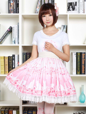 キュート ロリータ ドレス ピンク桜キティ プリント ロリータ スカート白のレース トリム シャーリング