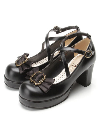 ブラック ロリータ靴リボンクラシカル 弓ロリータ分厚い 広場ハイヒール アンクルス トラップ シューズ