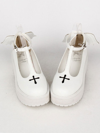 ホワイト ゴシックロリータ シューズ クロス プラットフォーム ウェッジ T ストラップ付きロリータ シューズ邪悪な翼