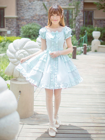 ミントグリーンクラシックロリータドレス　2025　レイヤー　レット　フリルロリータドレス　ショートスリーブ　リボン付き　アイドル衣装
