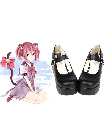 ゴシックロリータシューズブラックプラットフォームメアリージェーンロリータシューズ猫耳付き