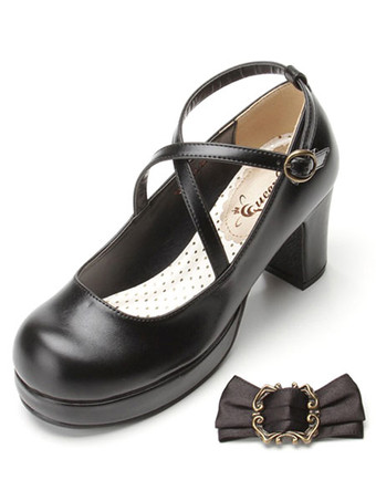 ロリータ靴リボンクラシカル 弓ロリータ分厚い 広場ハイヒール アンクルス トラップ シューズ