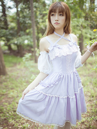 ライラックカラー甘いロリータワンピース　姫ロリ　お嬢さん　レースフリル　ロリータジャンパースカート　シフォンアイドル衣装　リボン