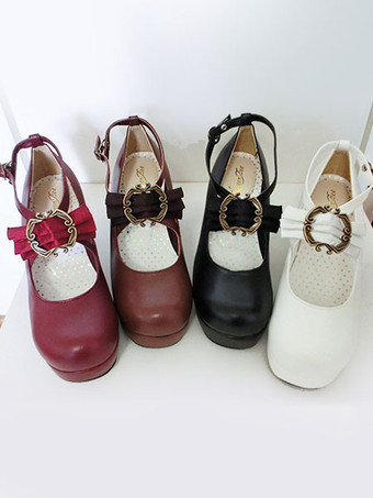ロリータ靴リボンクラシカル 弓ロリータ分厚い 広場ハイヒール アンクルス トラップ シューズ