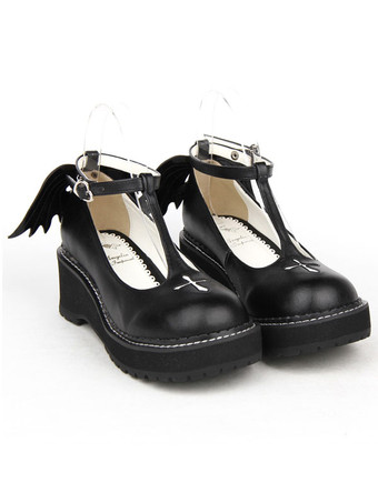 Lolitashow Gothic Lolita Shoes Cross Platform Wedge Tira Lolita Shoes With Evil Wing