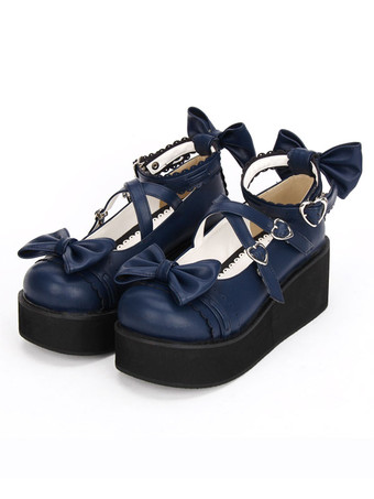 Lolitashow Gothic Lolita Shoes Cross Bows Platform Lolita Shoes Ankle Strap Lolita Platform Heels Shoes