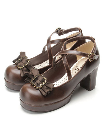 ブラウン ロリータ靴リボンクラシカル 弓ロリータ分厚い 広場ハイヒール アンクルス トラップ シューズ