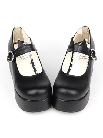 ブラック ゴシックロリータシューズブラックプラットフォームメアリージェーンロリータシューズ猫耳付き