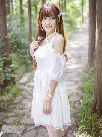 甘いロリータワンピース　姫ロリ　お嬢さん　レースフリル　ロリータジャンパースカート　シフォンアイドル衣装　リボン