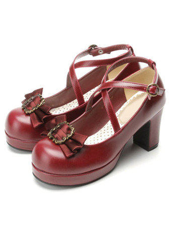 Lolitashow Classical Lolita Shoes Ribbon Bow Lolita Chunky Square Heels Shoes With Ankle Strap