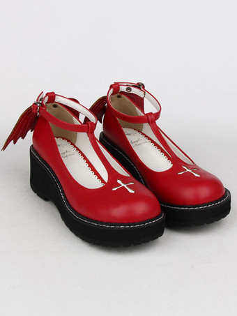 レッド ゴシックロリータ シューズ クロス プラットフォーム ウェッジ T ストラップ付きロリータ シューズ邪悪な翼