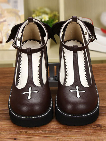 ブラウン ゴシックロリータ シューズ クロス プラットフォーム ウェッジ T ストラップ付きロリータ シューズ邪悪な翼