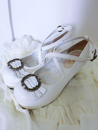 ホワイト ロリータ靴リボンクラシカル 弓ロリータ分厚い 広場ハイヒール アンクルス トラップ シューズ