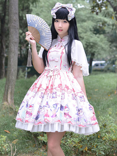 Lolitashow Sweet Lolita Dress Cute Bows Chinese Style Circus Cats Print Milanoo Qi Lolita Dress Outfits With Chiffon Manteau