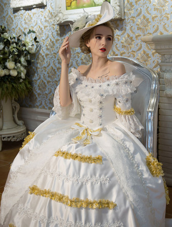 プリンセス 女性用 貴族ドレス 中世 ドレス ホワイト 半袖 ポリエステル 祝日 ドレス バロック風 中世 ドレス・貴族ドレス ヨーロッパ 宮廷風 レトロ