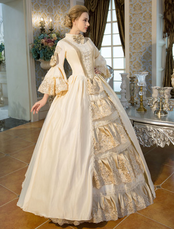 プリンセス 女性用 貴族ドレス 中世 ドレス ベージュ 長袖 祝日 ドレス バロック風 中世 ドレス・貴族ドレス ヨーロッパ 宮廷風 レトロ