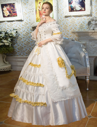 プリンセス 女性用 貴族ドレス 中世 ドレス ホワイト 半袖 ポリエステル 祝日 ドレス バロック風 中世 ドレス・貴族ドレス ヨーロッパ 宮廷風 レトロ