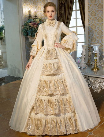 プリンセス 女性用 貴族ドレス 中世 ドレス ベージュ 長袖 祝日 ドレス バロック風 中世 ドレス・貴族ドレス ヨーロッパ 宮廷風 レトロ