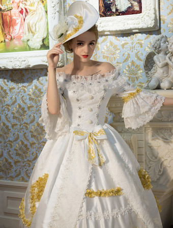 プリンセス 女性用 貴族ドレス 中世 ドレス ホワイト 半袖 ポリエステル 祝日 ドレス バロック風 中世 ドレス・貴族ドレス ヨーロッパ 宮廷風 レトロ