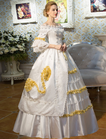 プリンセス 女性用 貴族ドレス 中世 ドレス ホワイト 半袖 ポリエステル 祝日 ドレス バロック風 中世 ドレス・貴族ドレス ヨーロッパ 宮廷風 レトロ