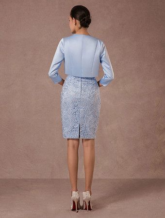 結婚式 母親ドレス レース パステルブルー ミセスドレス フォーマル ウェディングパーティードレス タイト 七分袖 お呼ばれ 謝恩会 成人式 二次会 特別なネックライン カクテルドレス ひざ丈 バックレス ビーズ ウェディング