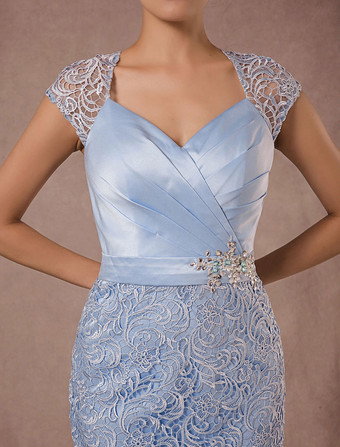 結婚式 母親ドレス レース パステルブルー ミセスドレス フォーマル ウェディングパーティードレス タイト 七分袖 お呼ばれ 謝恩会 成人式 二次会 特別なネックライン カクテルドレス ひざ丈 バックレス ビーズ ウェディング