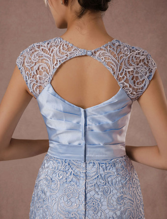 結婚式 母親ドレス レース パステルブルー ミセスドレス フォーマル ウェディングパーティードレス タイト 七分袖 お呼ばれ 謝恩会 成人式 二次会 特別なネックライン カクテルドレス ひざ丈 バックレス ビーズ ウェディング