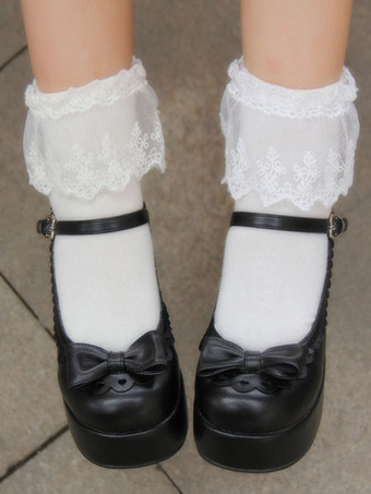 ロリィタシューズ　ブラック　リボン柄　PU　丸いつま先　ウェッジソール　ハロウィン　