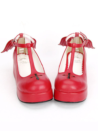 レッドロリィタシューズ　パッチワーク柄　PU　丸いつま先　ウェッジソール　ハロウィン　