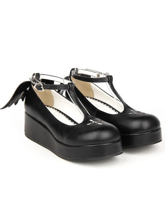 ロリィタシューズ　パッチワーク柄　PU　丸いつま先　ウェッジソール　ハロウィン　