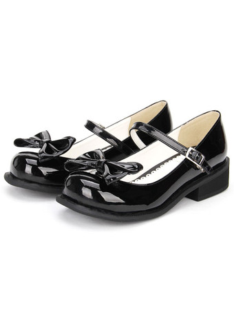 ロリィタシューズ　ブラック　無地　ハロウィン　PU　丸いつま先　チャンキーヒール　