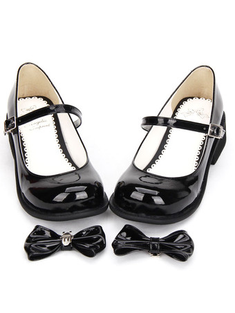 ロリィタシューズ　ブラック　無地　ハロウィン　PU　丸いつま先　チャンキーヒール　