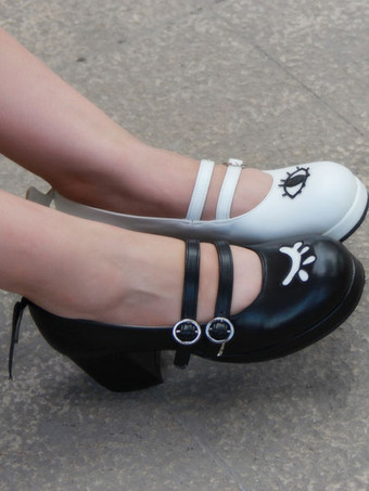 ロリータブーツ　ブラック　PU　丸いつま先　チャンキーヒール　