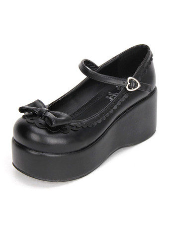 ロリィタシューズ　ブラック　リボン柄　PU　丸いつま先　ウェッジソール　ハロウィン　