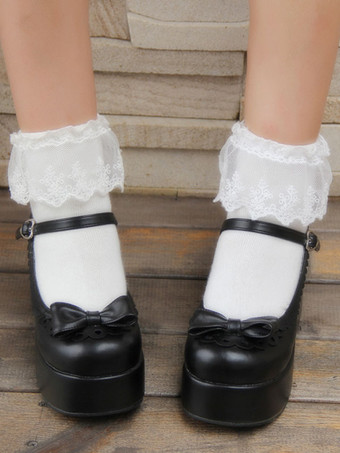 ロリィタシューズ　ブラック　リボン柄　PU　丸いつま先　ウェッジソール　ハロウィン　