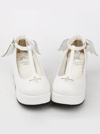 ホワイト ロリィタシューズ　パッチワーク柄　PU　丸いつま先　ウェッジソール　ハロウィン　