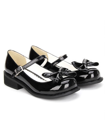 ロリィタシューズ　ブラック　無地　ハロウィン　PU　丸いつま先　チャンキーヒール　