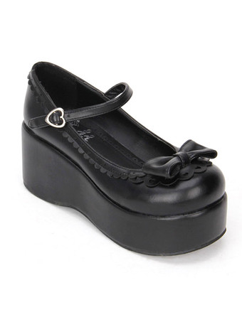 ロリィタシューズ　ブラック　リボン柄　PU　丸いつま先　ウェッジソール　ハロウィン　