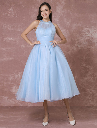 青のウェディングドレス　ベビーブルー　弾性サテン　ホルターネック　ボールガウンライン　ひざ下　ノースリーブ　ナチュラルウェストライン　 Milanoo